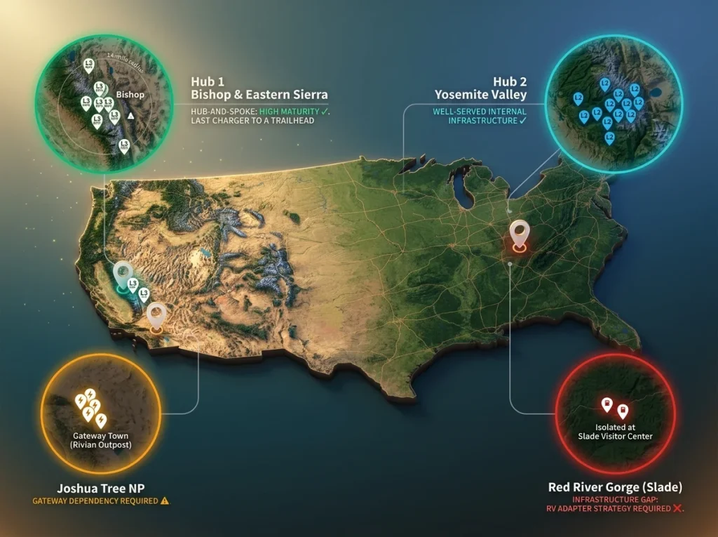 US map showing EV charging infrastructure maturity across four major climbing hubs: Yosemite, Bishop, J-Tree, and the Red