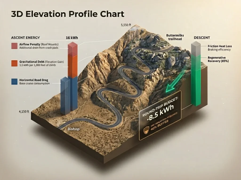 Infographic showing the elevation energy budget for an EV approach from Bishop to the Buttermilks trailhead