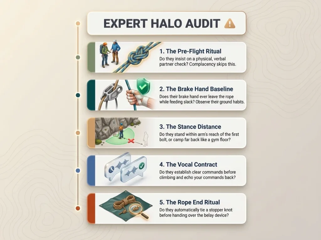 Infographic checklist showing the 5 observable behaviors of the Expert Halo Audit to assess climbing partner safety before leaving the ground