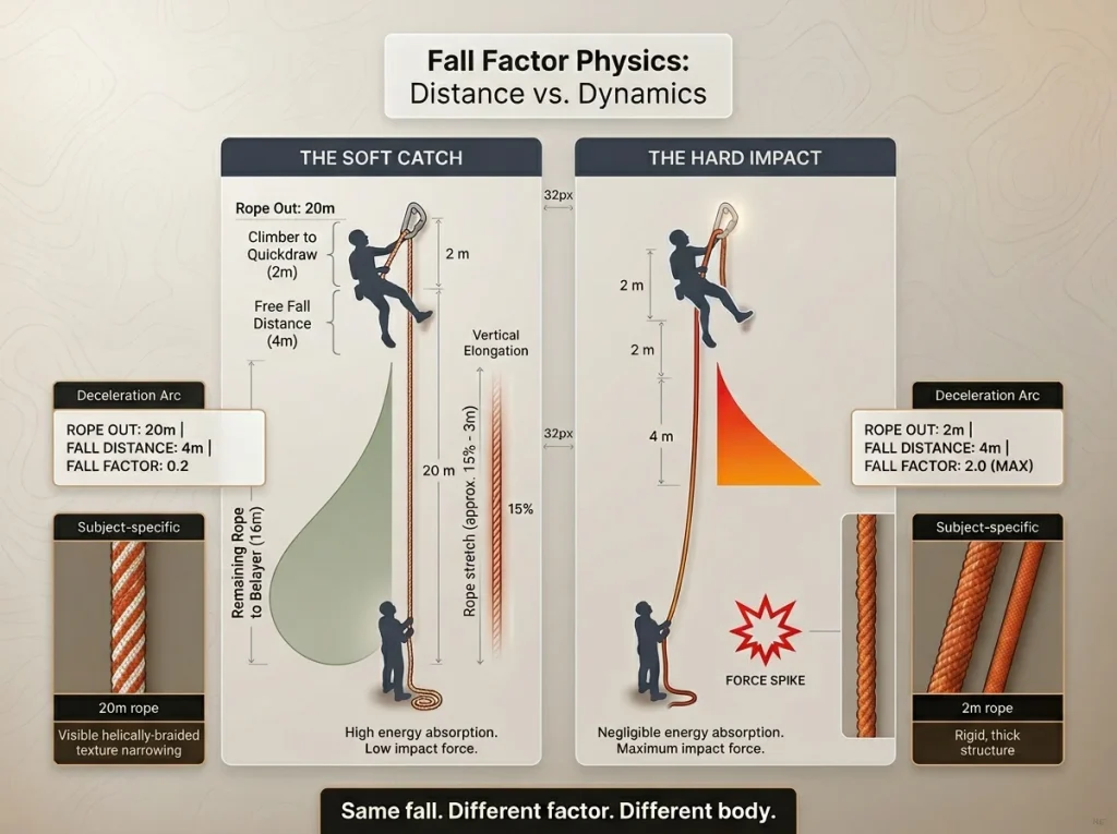 Infographic comparing two 4m falls with different rope lengths (20m vs 2m) showing fall factor, force, and elongation.