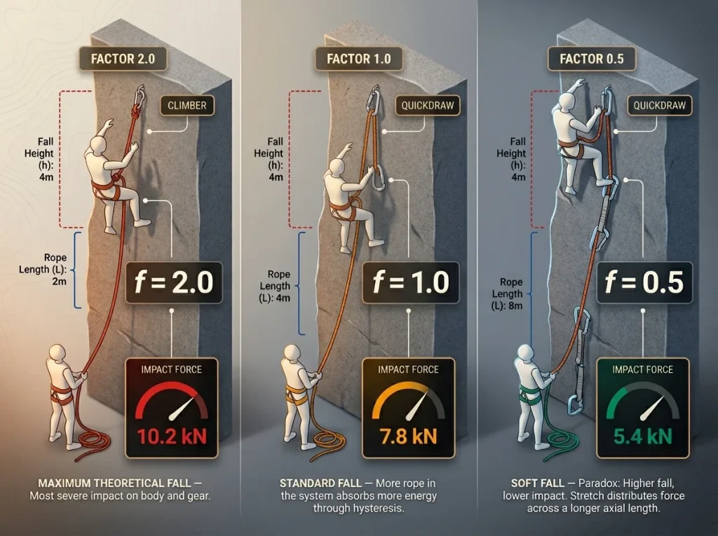 Infographic comparing three climbing fall scenarios showing fall factor calculations and impact force in kilonewtons