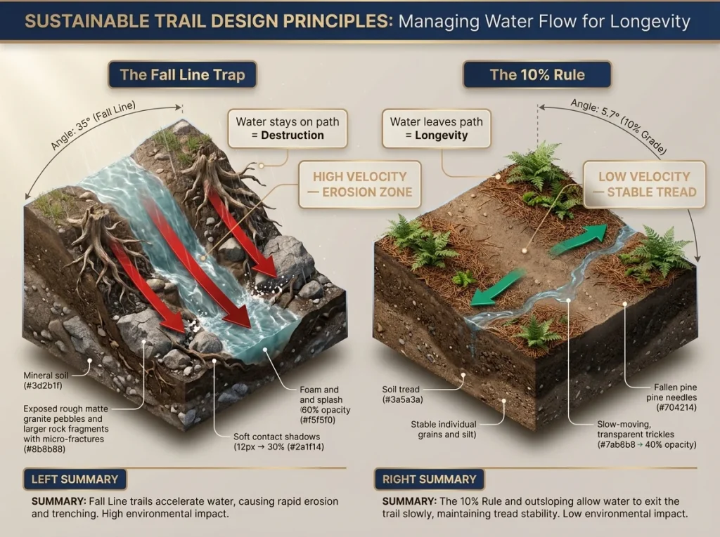 Infographic comparing water velocity on a steep fall line path versus a 10% grade traverse with labeled flow vectors
