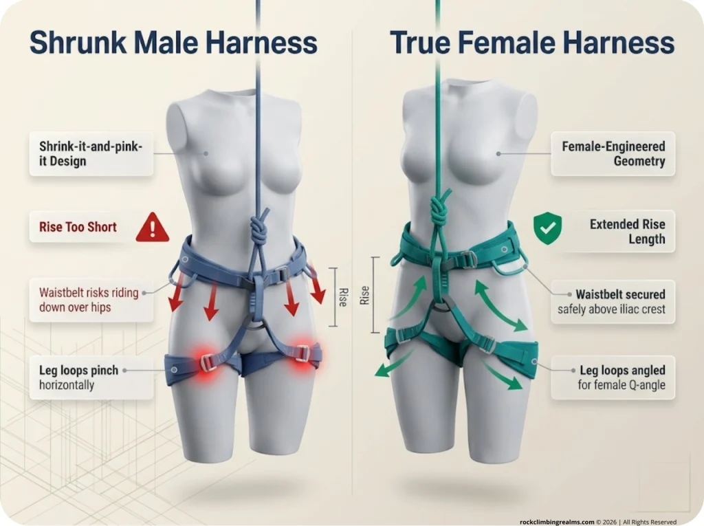 Infographic showing correct female climbing harness suspension geometry and force distribution compared to an improperly fitted shrunk male harness