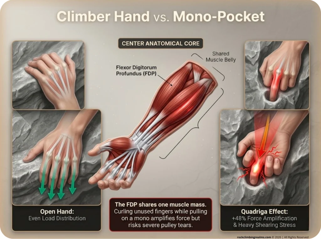 Infographic showing climber forearm anatomy with FDS and FDP muscles and Quadriga Effect force amplification on a mono-pocket