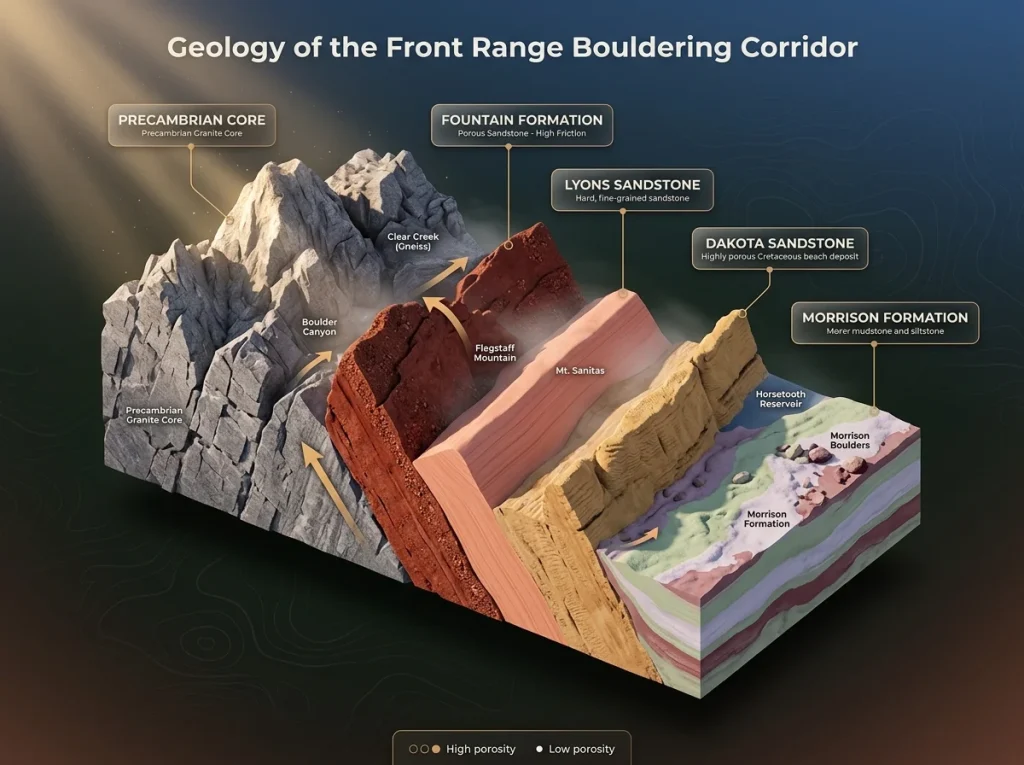 Geological cross-section of the Front Range showing granite core, sandstone flanks, and labeled bouldering areas.
