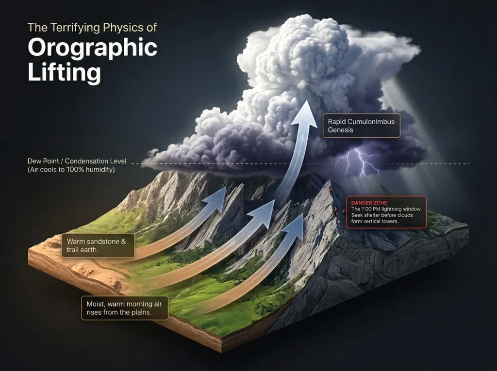 Infographic showing orographic lifting process with labeled warm air currents, dew point condensation, and cumulonimbus formation