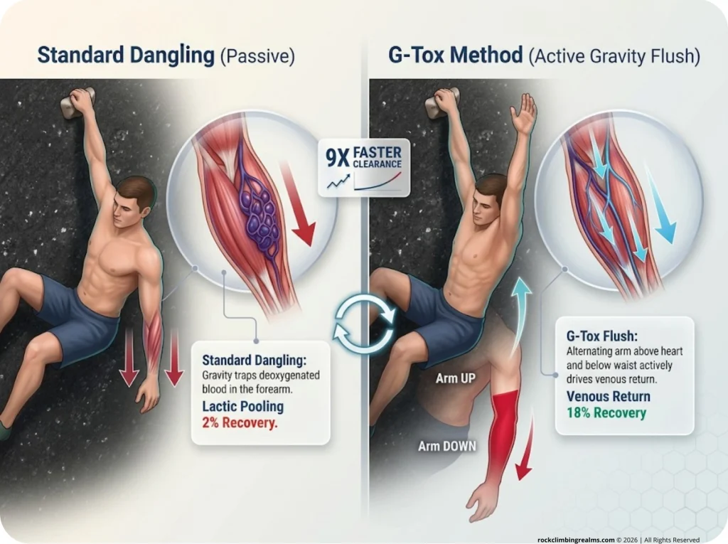 Infographic comparing standard dangling recovery to the G-Tox method with labeled capillary circulation and forearm positions