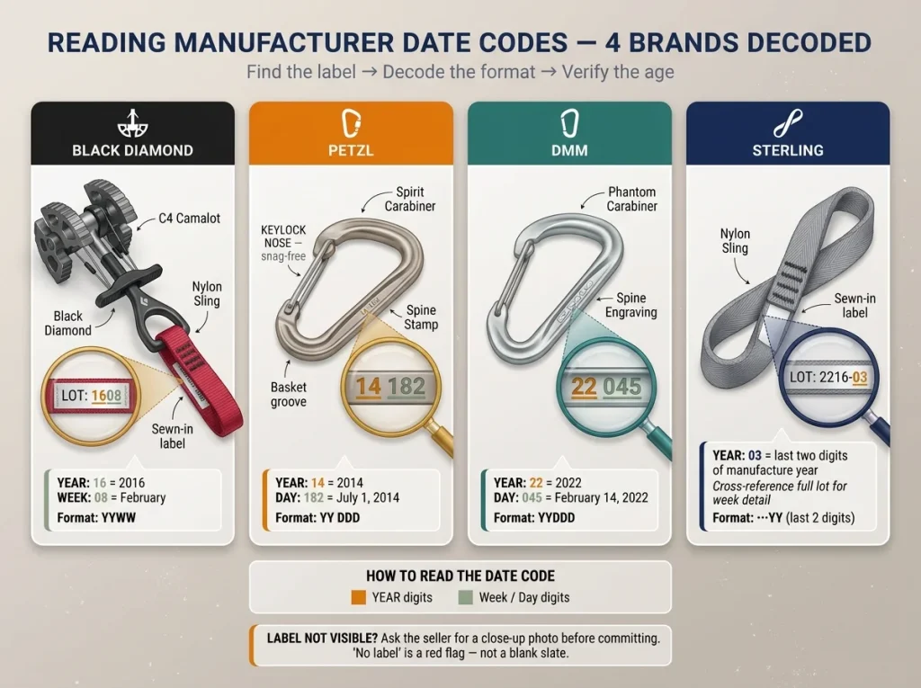 Infographic showing date code label locations and formats for Black Diamond, Petzl, DMM, and Sterling climbing gear