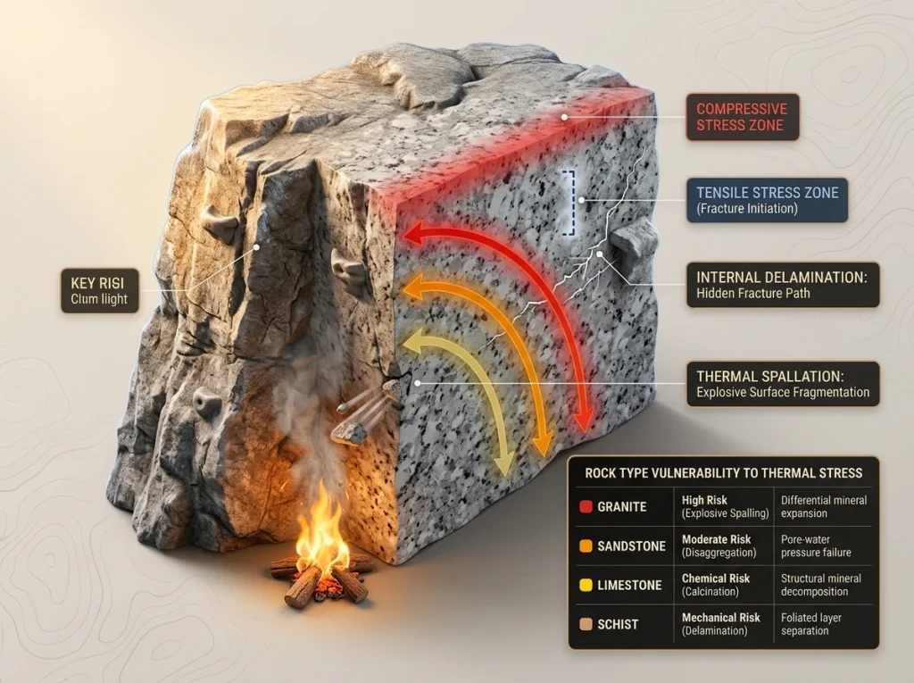 Infographic showing the anatomy of thermal spalling in a granite cliff face with heat sources, stress zones, and rock-type comparison