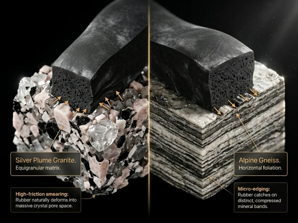 Infographic comparing granite and gneiss rock textures with labeled grain matrix, foliation patterns, and climbing rubber friction points