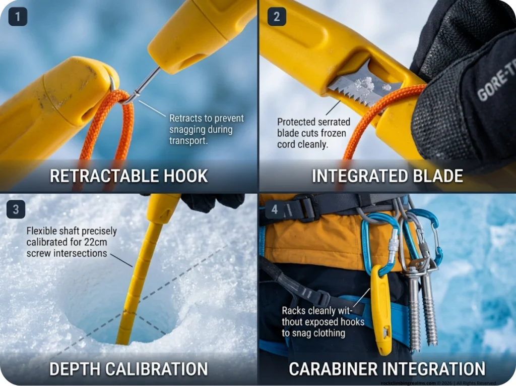 Macro photo array showing Grivel Candela V-thread tool features including retractable hook, cord blade, and depth calibration shaft