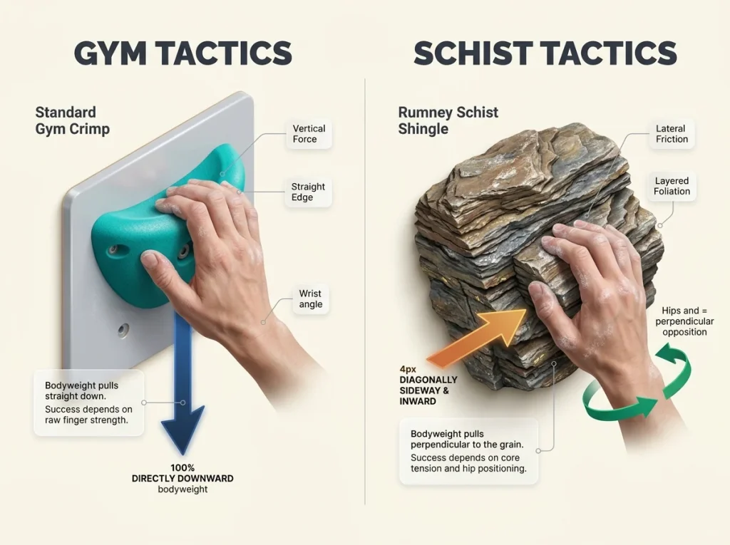Infographic contrasting gym crimp technique with sideways Rumney schist pull, showing force vectors and body tension