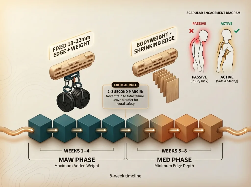 8-week hangboard training cycle visualization showing MAW phase vs MED phase with active vs passive hang diagrams