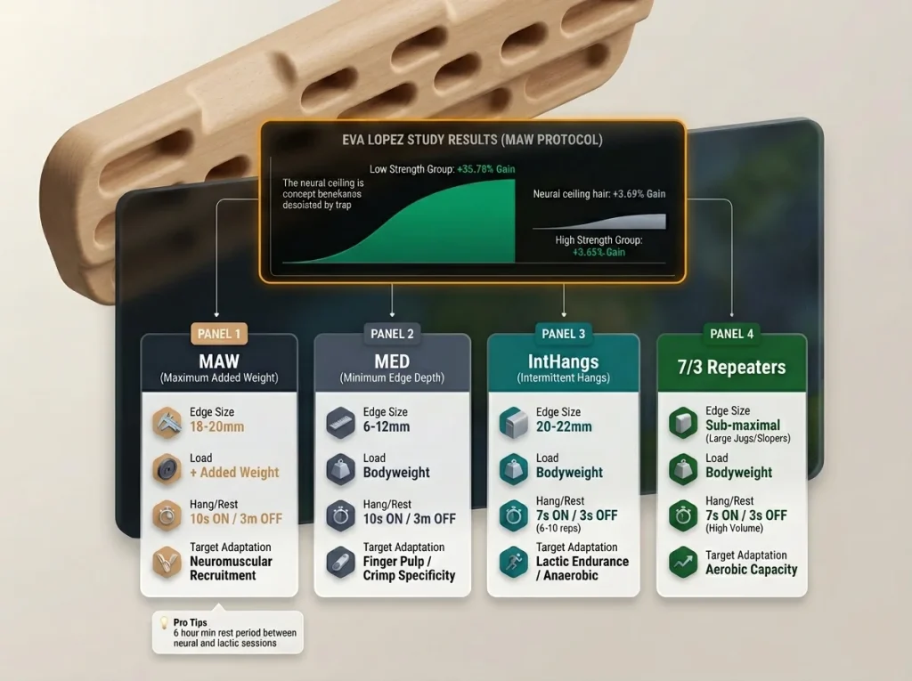 Infographic comparing MAW, IntHangs, and Repeater hangboard protocols with edge sizes and target adaptations