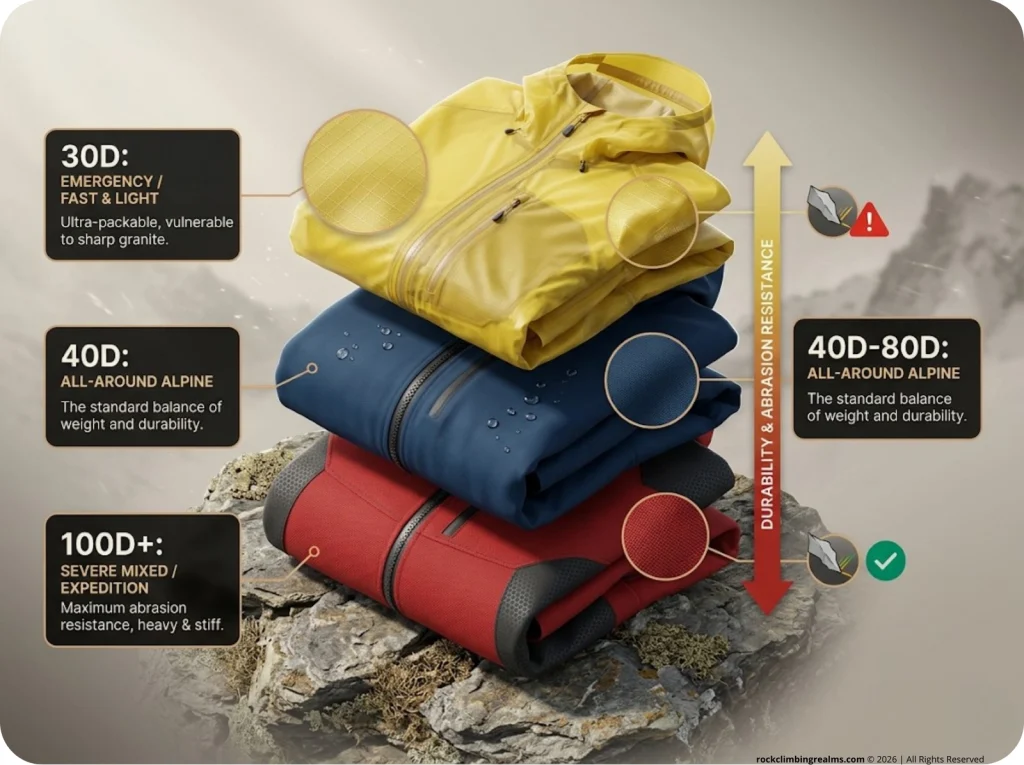Infographic comparing 30D to 100D climbing hardshells with weight, abrasion resistance ratings, and recommended alpine use cases