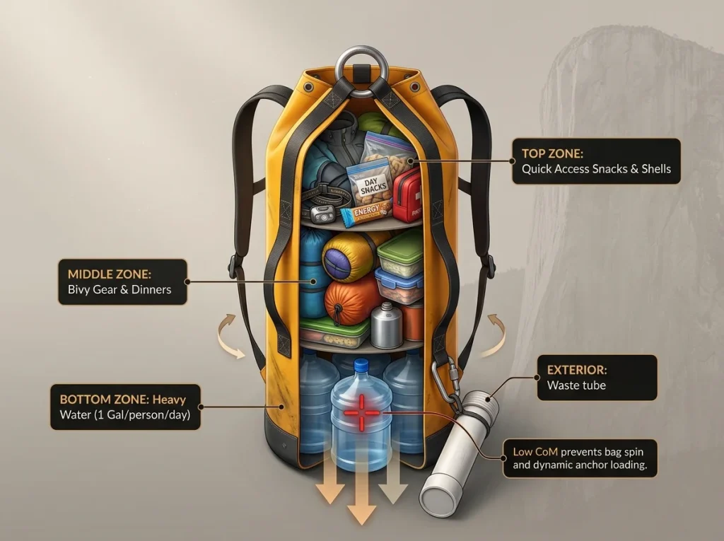 Infographic showing haul bag packing anatomy with 4 numbered weight zones and center-of-mass indicator for climbing