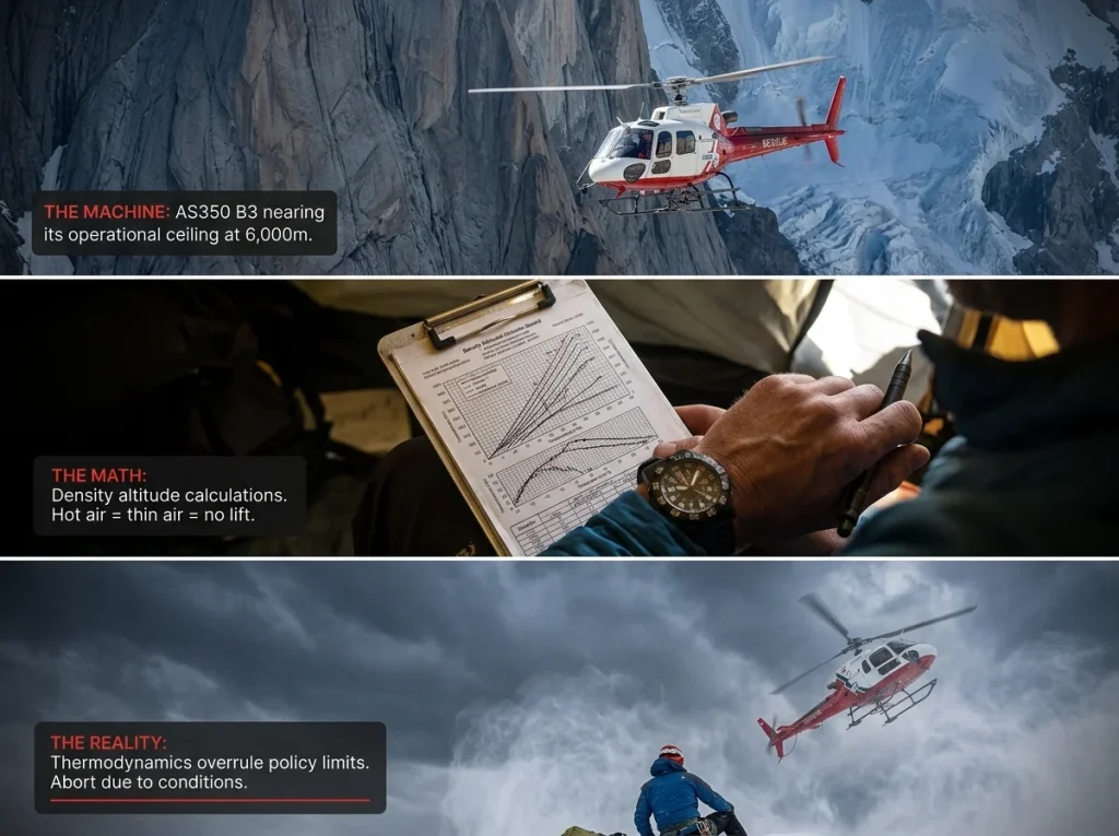 Photo sequence showing AS350 helicopter rescue capabilities, density altitude calculations, and high altitude flight limits