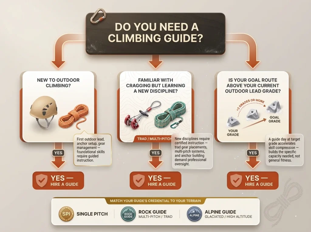 Infographic showing decision tree for hiring a climbing guide with three labeled branches and yes/no flow outcomes