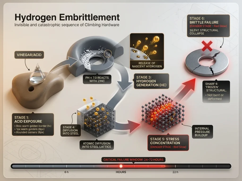 Infographic showing the chemical process of hydrogen embrittlement in climbing hold hardware caused by acid exposure