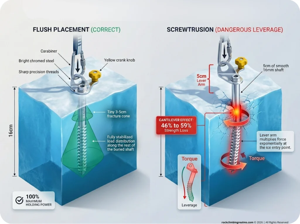 Infographic comparing flush ice screw placement versus screwtrusion highlighting cantilever lever arm forces and load capacity reduction