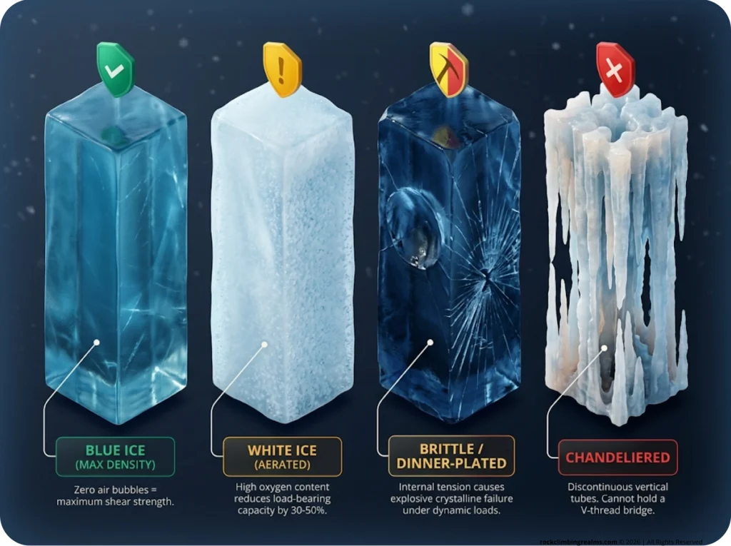 Infographic comparing cross-sections of blue, white, dinner-plated, and chandeliered ice with color-coded reliability markers