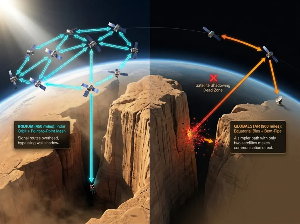 Infographic comparing Iridium and Globalstar satellite orbits showing canyon wall blocking mechanics and mesh network advantages for climbers