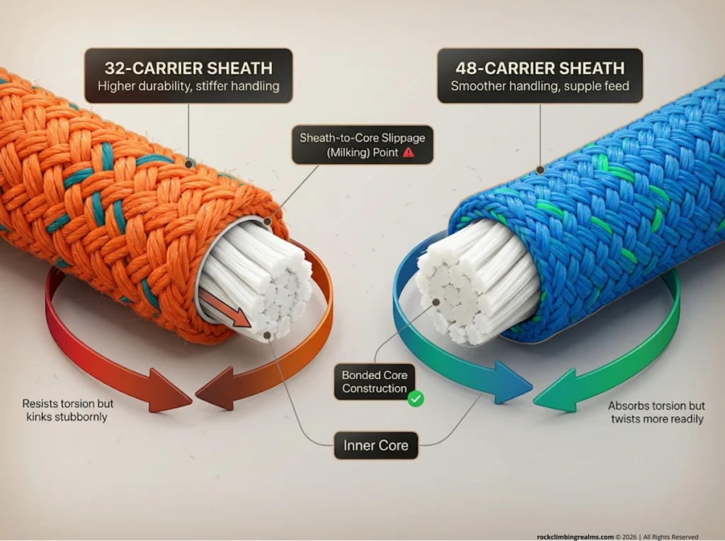 Infographic showing 32-carrier vs 48-carrier climbing rope cross-sections with torsional force arrows and sheath-slippage indicators