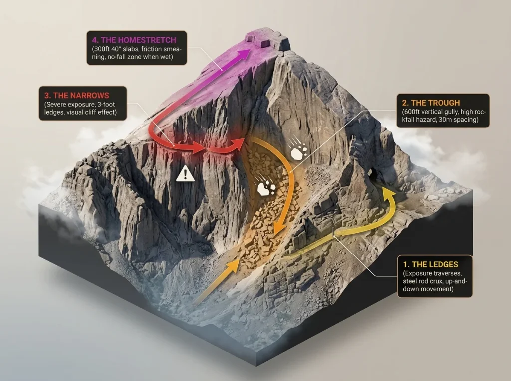 Infographic showing the four technical zones of the Keyhole Route from aerial perspective with directional arrows and hazard indicators