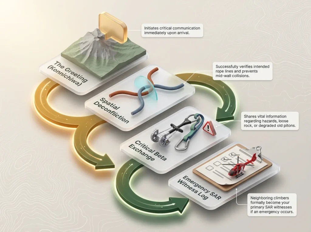 Infographic showing the Konnichiwa crag safety protocol flow from greeting to establishing an emergency witness log