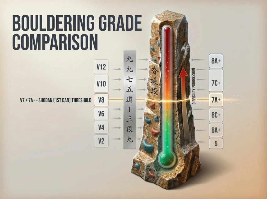 Infographic showing Japanese Kyu/Dan bouldering grades compared to Hueco and Fontainebleau scales with difficulty thermometer