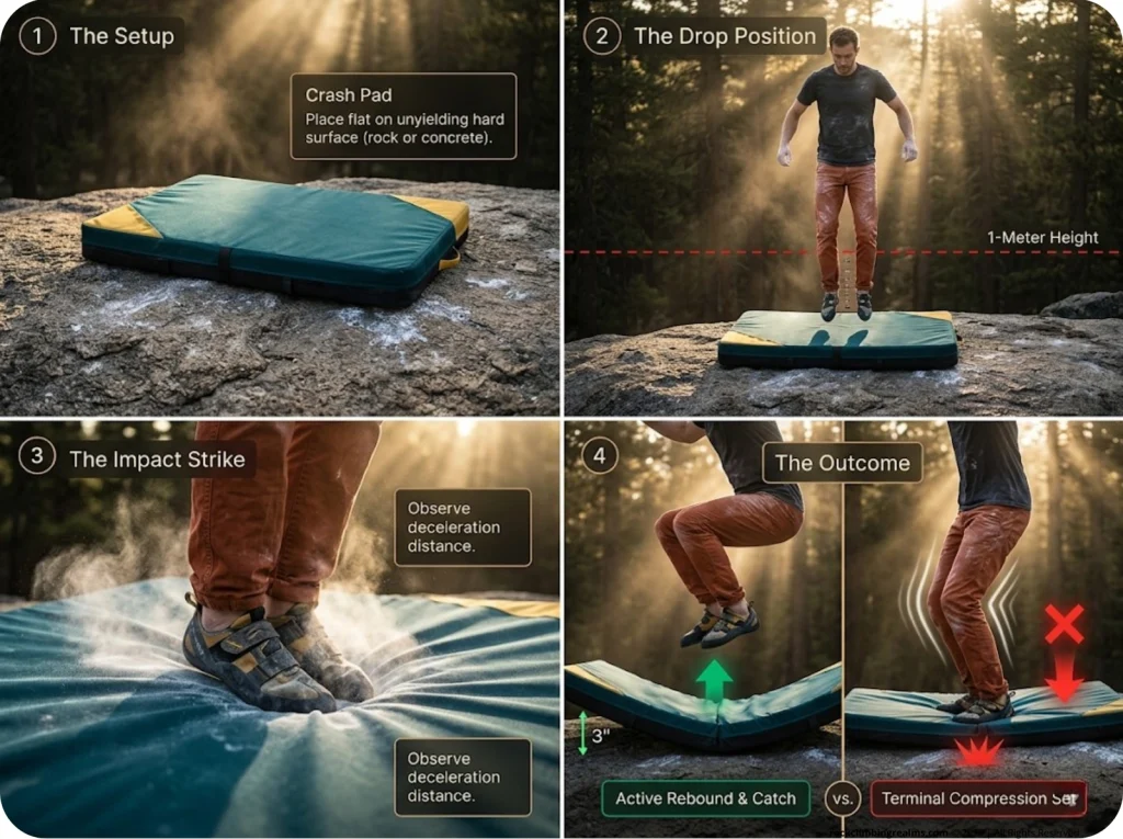 Photo sequence showing the crash pad Land Feel Test with a climber testing impact absorption and dead foam