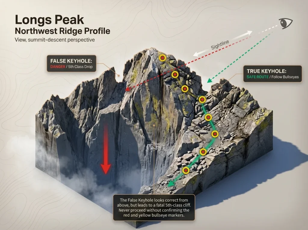 Infographic showing the Longs Peak descent ridge profile comparing the True Keyhole vs False Keyhole with bullseye markers and cliff hazards