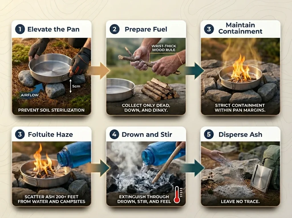 Infographic showing the 5-step LNT fire pan protocol for high-altitude climbing environments with hands-on detail