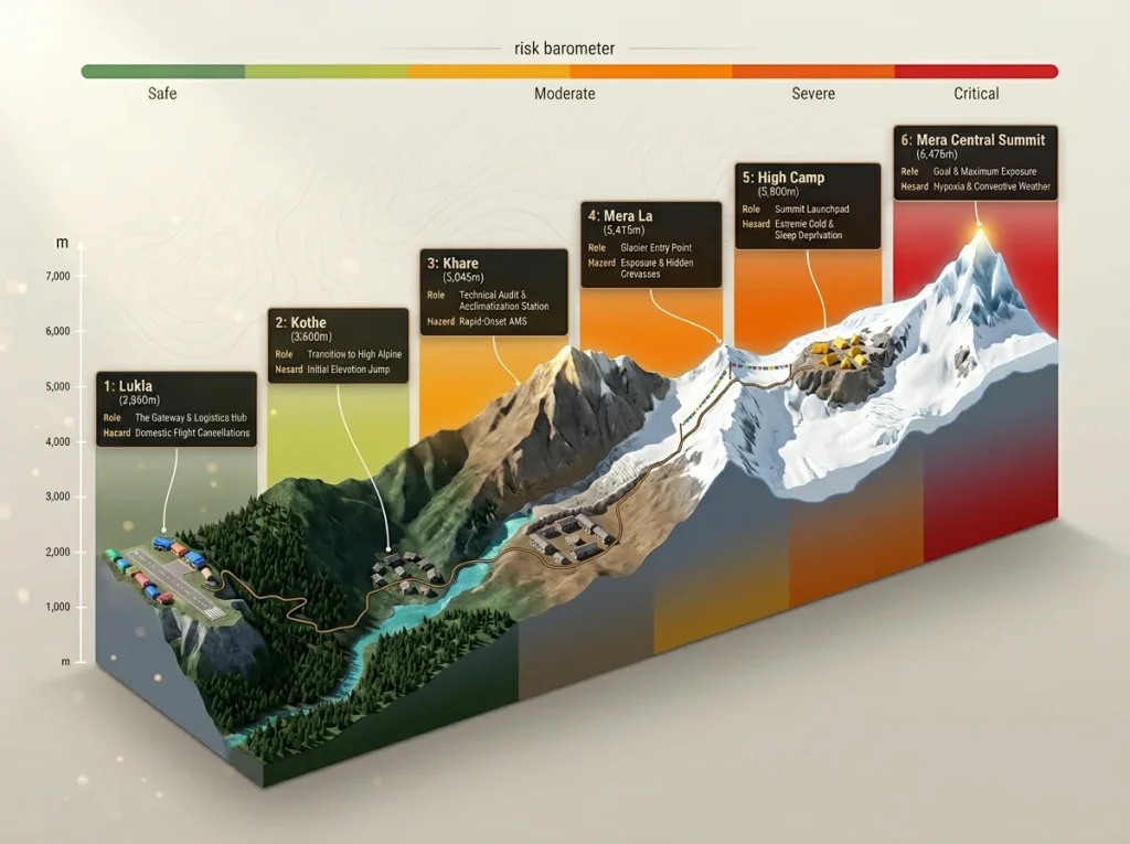 Infographic showing Mera Peak elevation profile from Lukla to summit with waypoint altitudes, roles, hazards, and AMS risk
