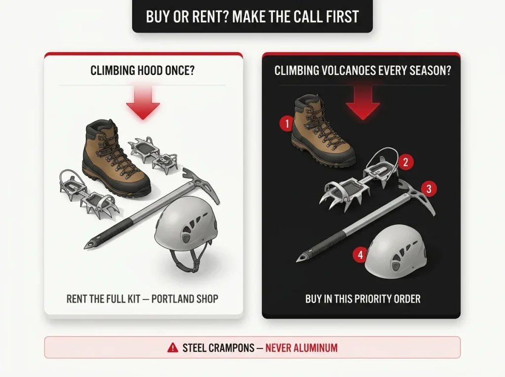 Decision infographic comparing renting versus buying Mount Hood mountaineering gear with a steel-not-aluminum crampon flag