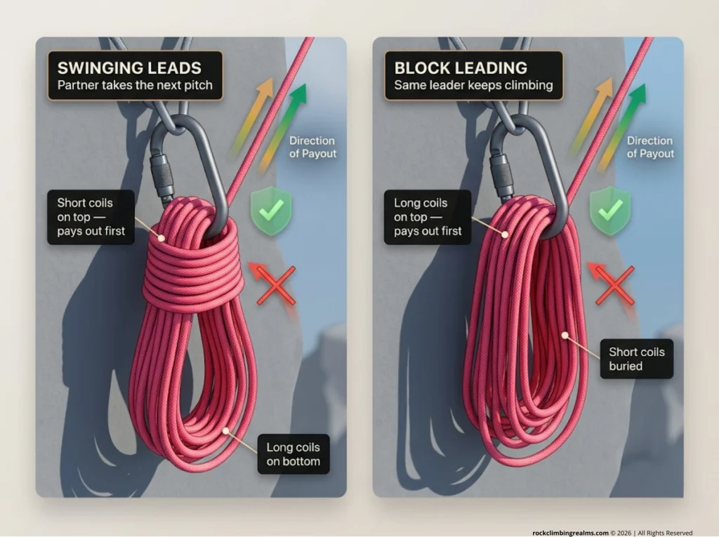 Infographic showing correct lap coil sizing for swinging leads and block leading with payout direction arrows