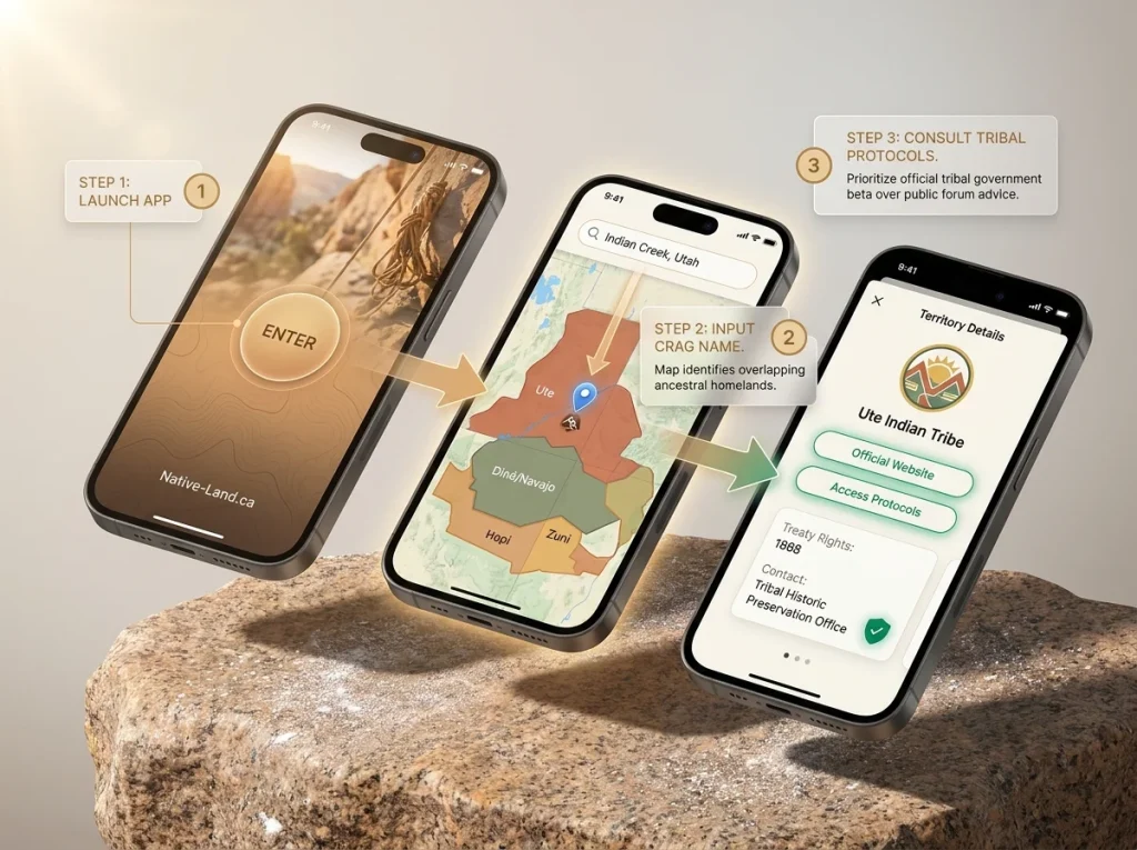 Step-by-step photo sequence showing how to use the Native-Land app to identify tribal territories at climbing locations.