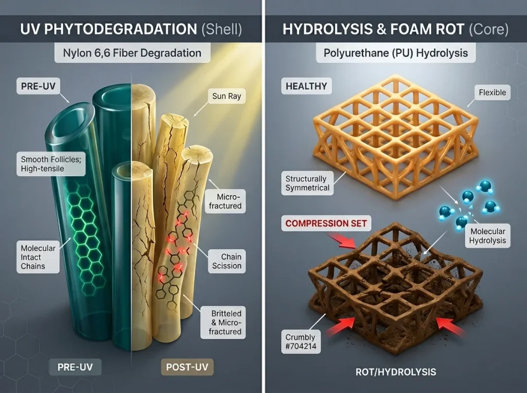 Two-panel infographic showing UV damage on nylon fibers and hydrolysis-induced foam rot with comparison labels