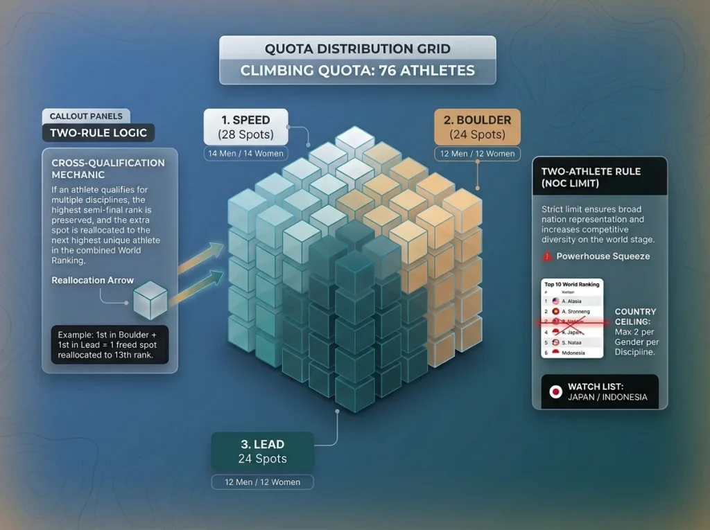 Infographic showing the 76-athlete Olympic Climbing quota breakdown by discipline and gender with qualification rules