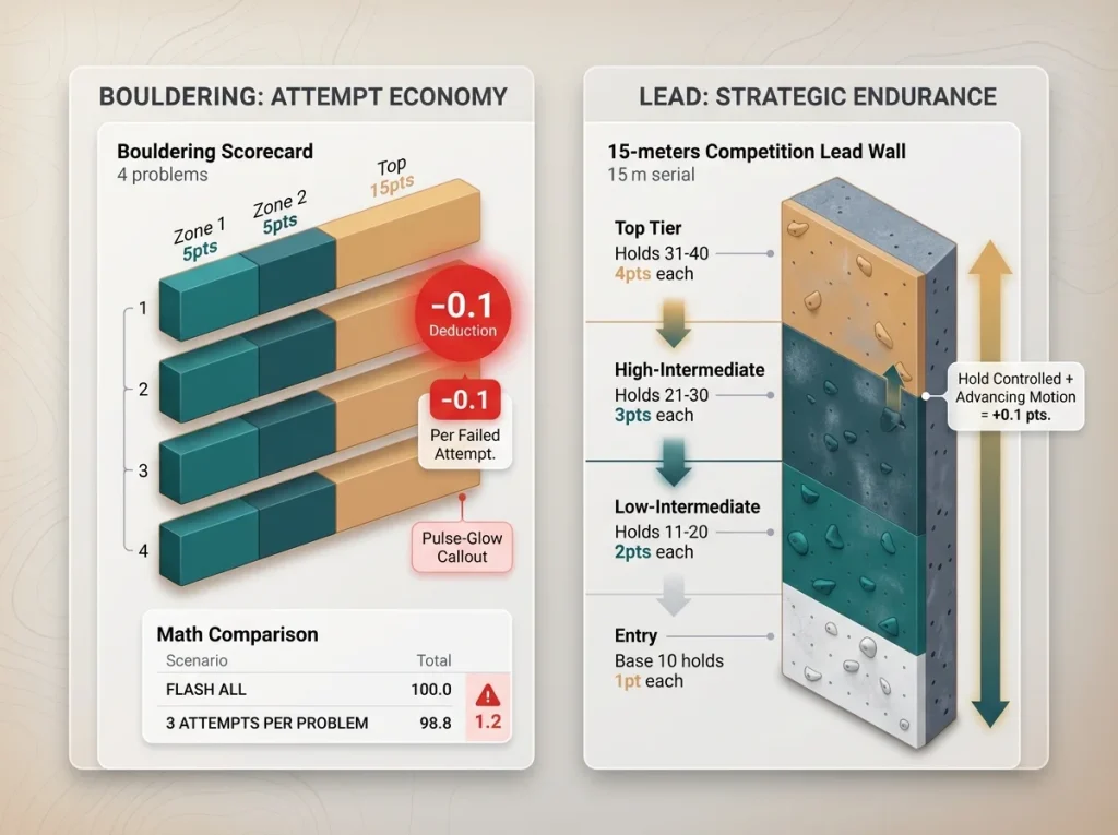 Infographic comparing Olympic Bouldering and Lead scoring systems with point breakdowns, attempt deductions, and tier values