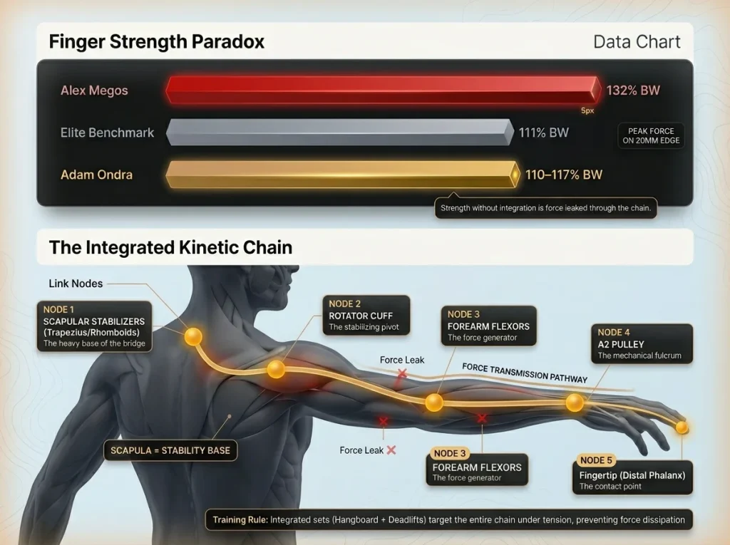 Infographic comparing finger strength levels vs kinetic chain integration from scapula through A2 pulley to fingertip