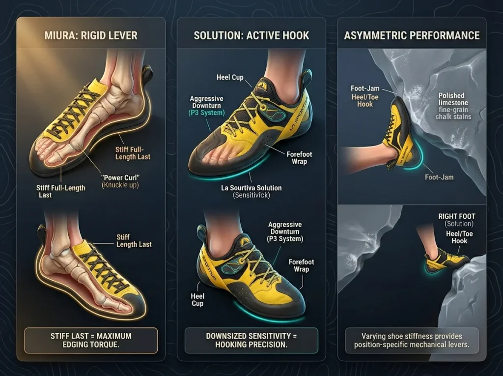 Infographic comparing Miura vs Solution shoe mechanics on Silence (9c) with foot-jam vs heel-hook anatomy
