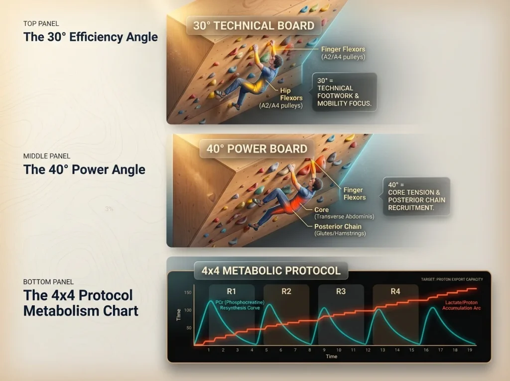 Infographic with board angle muscle engagement diagrams and 4x4 protocol metabolism graph for high-volume climbing training
