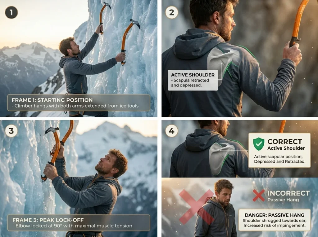 4-frame photo sequence showing one-arm lock-off technique with active shoulder engagement and correct scapular position