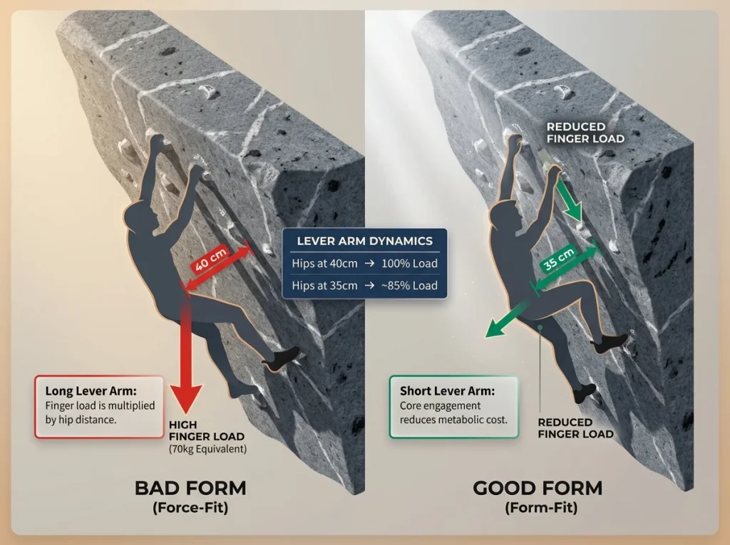 Infographic comparing bad vs good body position on an overhang with lever arm calculations and hip distance markers