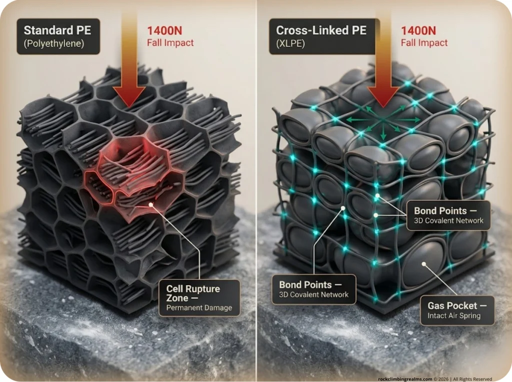 Infographic showing molecular structure of Standard PE versus Cross-Linked PE with labeled cell rupture zones and bonds