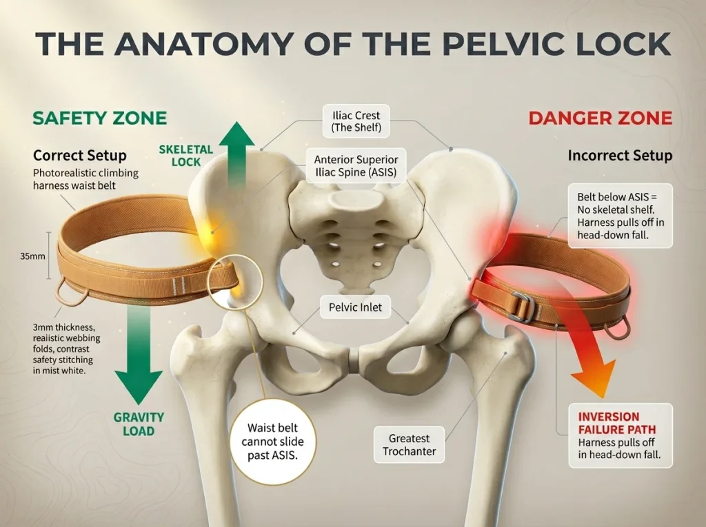 Infographic showing the anatomical pelvic iliac crest lock for climbing harnesses with labeled ASIS points and force arrows