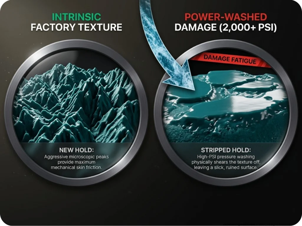 Infographic showing macro photography comparison between brand new climbing hold texture and stripped texture from pressure washing damage