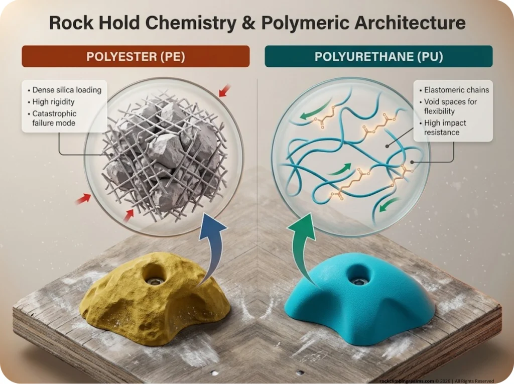 Infographic showing side-by-side climbing hold material comparison with labeled rigid PE crystalline structure versus flexible PU polymer chains