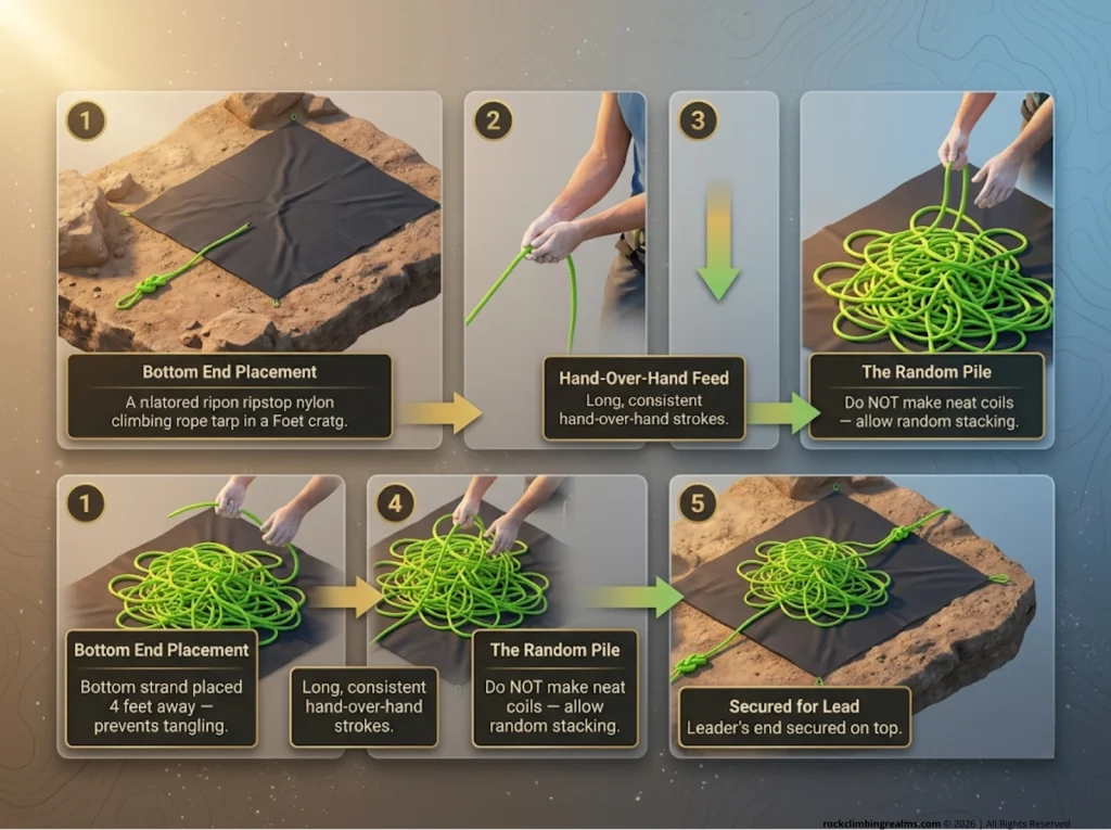 Infographic showing 5-step random pile climbing rope flaking sequence with hand-over-hand technique and pile management